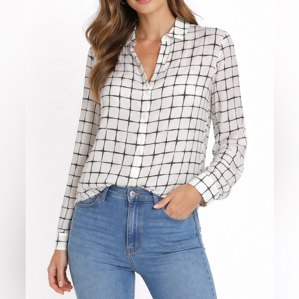 L’agence Silk Grid Print Blouse White& Black Button Front Elegant Top XS